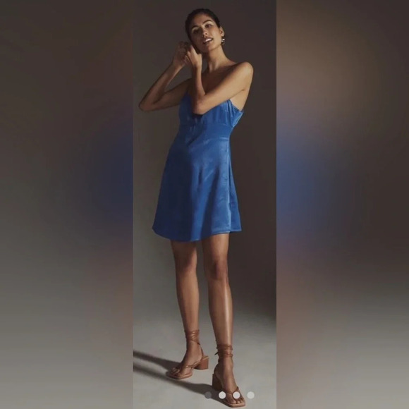 Anthropologie Royal Blue open back slip satin Mini Dress - Picture 4 of 16